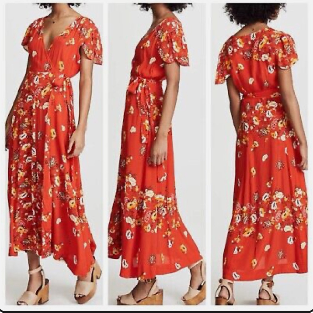 Free People Floral Jess Wrap Maxi Dress in Red Floral